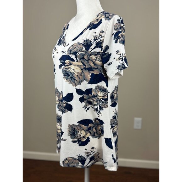 NEW LuLaRoe Womens Knit Tunic Top M Short Sleeve White Black Floral Scoop Neck - Picture 1 of 7